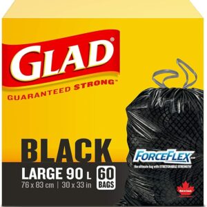 Glad Black Garbage Bags - Large 90 Litres - ForceFlex, Drawstring, 60 Trash Bags, Made in Canada of Global Components