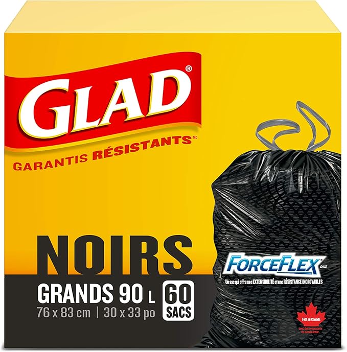 Glad Black Garbage Bags - Large 90 Litres - ForceFlex, Drawstring, 60 Trash Bags, Made in Canada of Global Components - Image 2